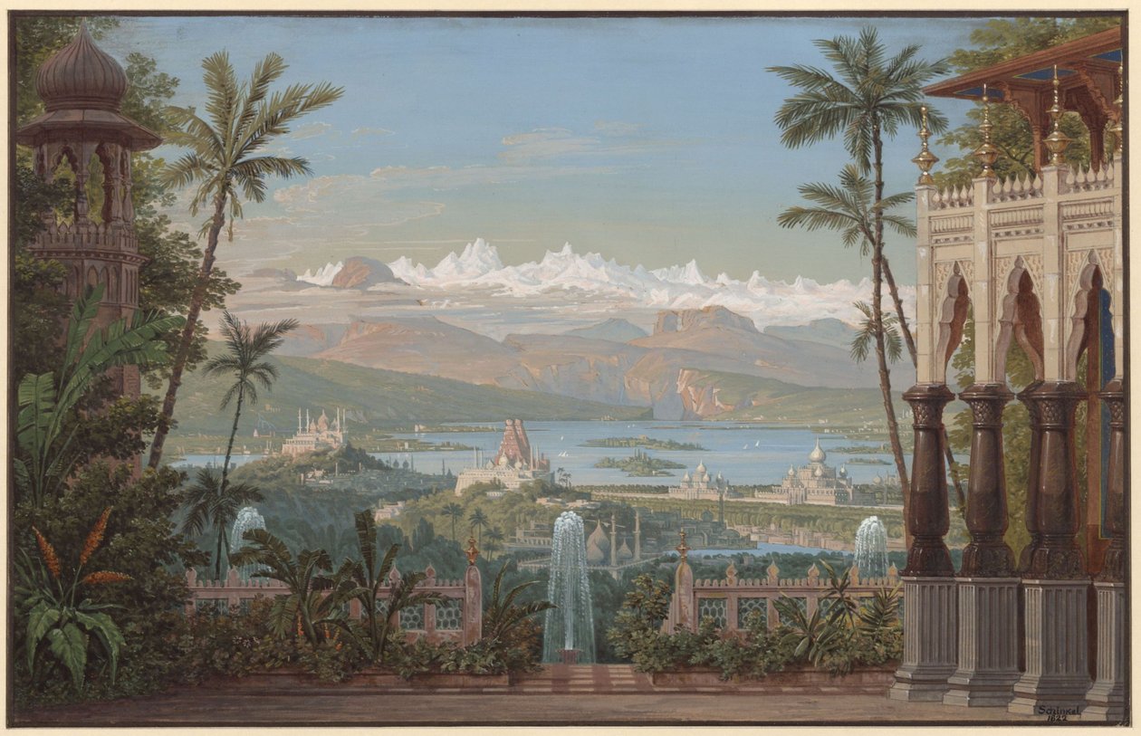 Nurmahal, ovvero La festa delle rose del Kashmir. Opera di Gaspare Spontini. Bozzetto per la seconda scenografia. Terrazza con vista sulla valle del Kashmir da Karl Friedrich Schinkel