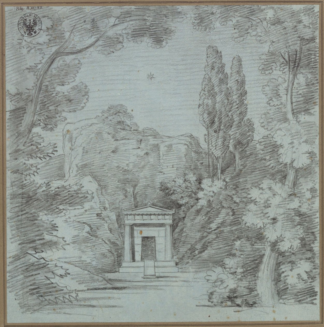 Orfeo ed Euridice. Opera di Christoph Willibald Gluck. Progetto per la 1ª decorazione (?). Progetto per un mausoleo su una roccia da Karl Friedrich Schinkel