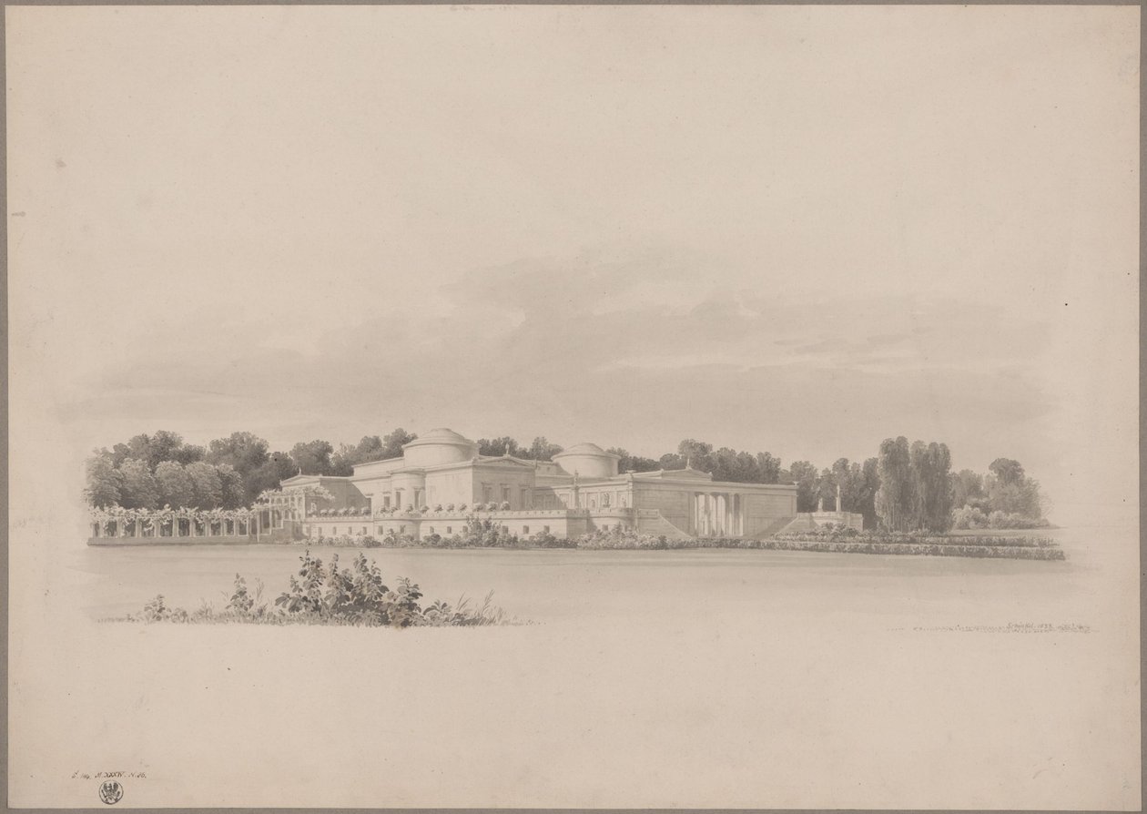 Potsdam-Sanssouci. Antica casa di campagna nei pressi del castello di Charlottenhof. Vista prospettica da nord-est da Karl Friedrich Schinkel