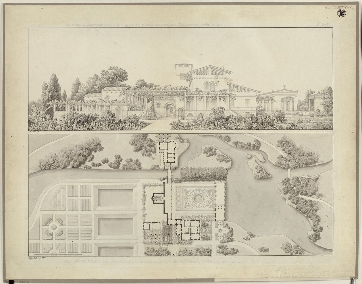 Potsdam-Sanssouci. Bagni romani presso il palazzo di Charlottenhof. Veduta da ovest e pianta della casa del giardiniere da Karl Friedrich Schinkel