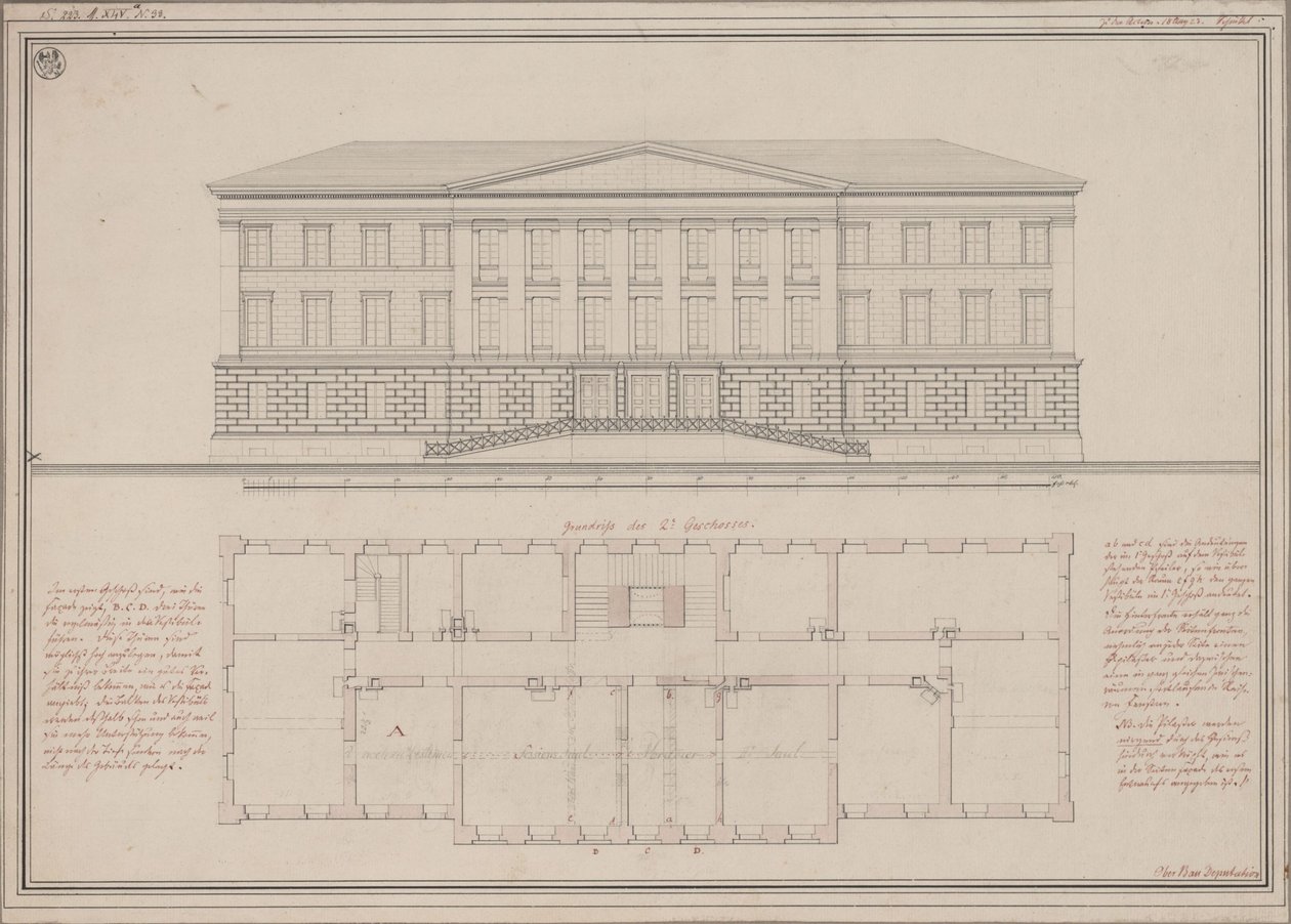 Ratibor (Racibórz). Progetto per il Tribunale d’Appello. Prospetto e pianta da Karl Friedrich Schinkel