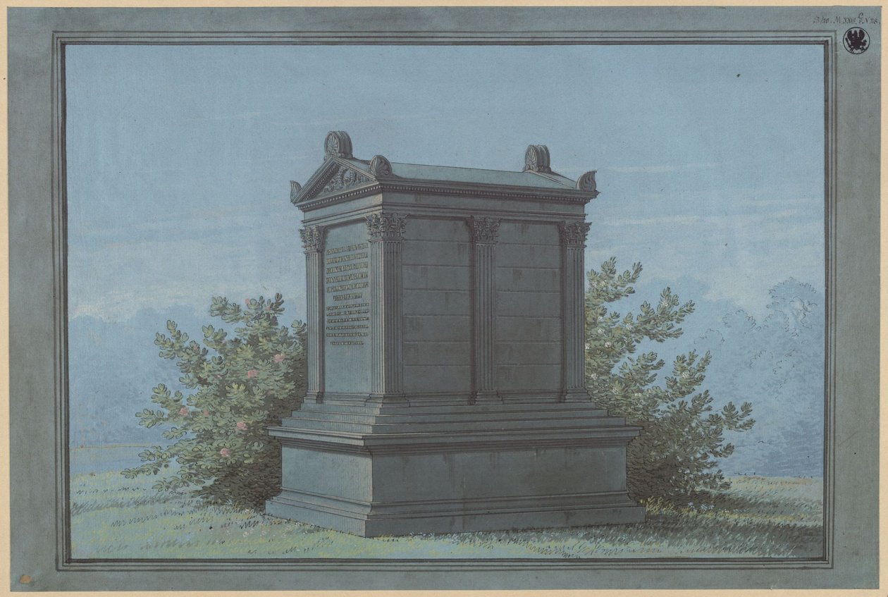 Sarcofago a forma di tempio - Belchau (Białochowo), già distretto di Graudenz (Powiat Grudziądzki), distretto governativo di Marienwerder (Województwo Kujawsko-Pomorskie). Progetto per il monumento funebre Klinggräf a forma di piccolo tempio con lesene da Karl Friedrich Schinkel