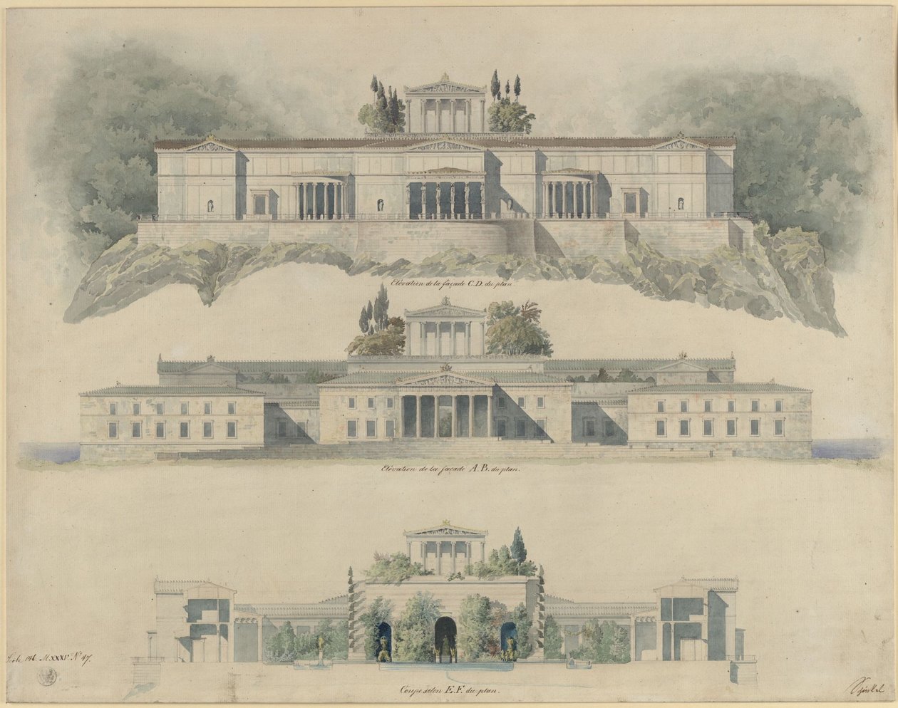Palazzo Orianda in Crimea. Progetto classicista. Prospetto dei lati verso il mare e verso terra, sezione attraverso la corte imperiale con il Museo della Crimea e il tempio sovrastante da Karl Friedrich Schinkel