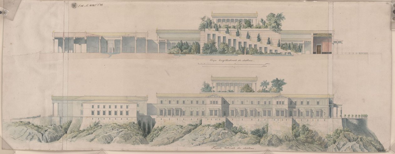 Palazzo Orianda in Crimea. Progetto antico. Sezione longitudinale, vista laterale da Karl Friedrich Schinkel