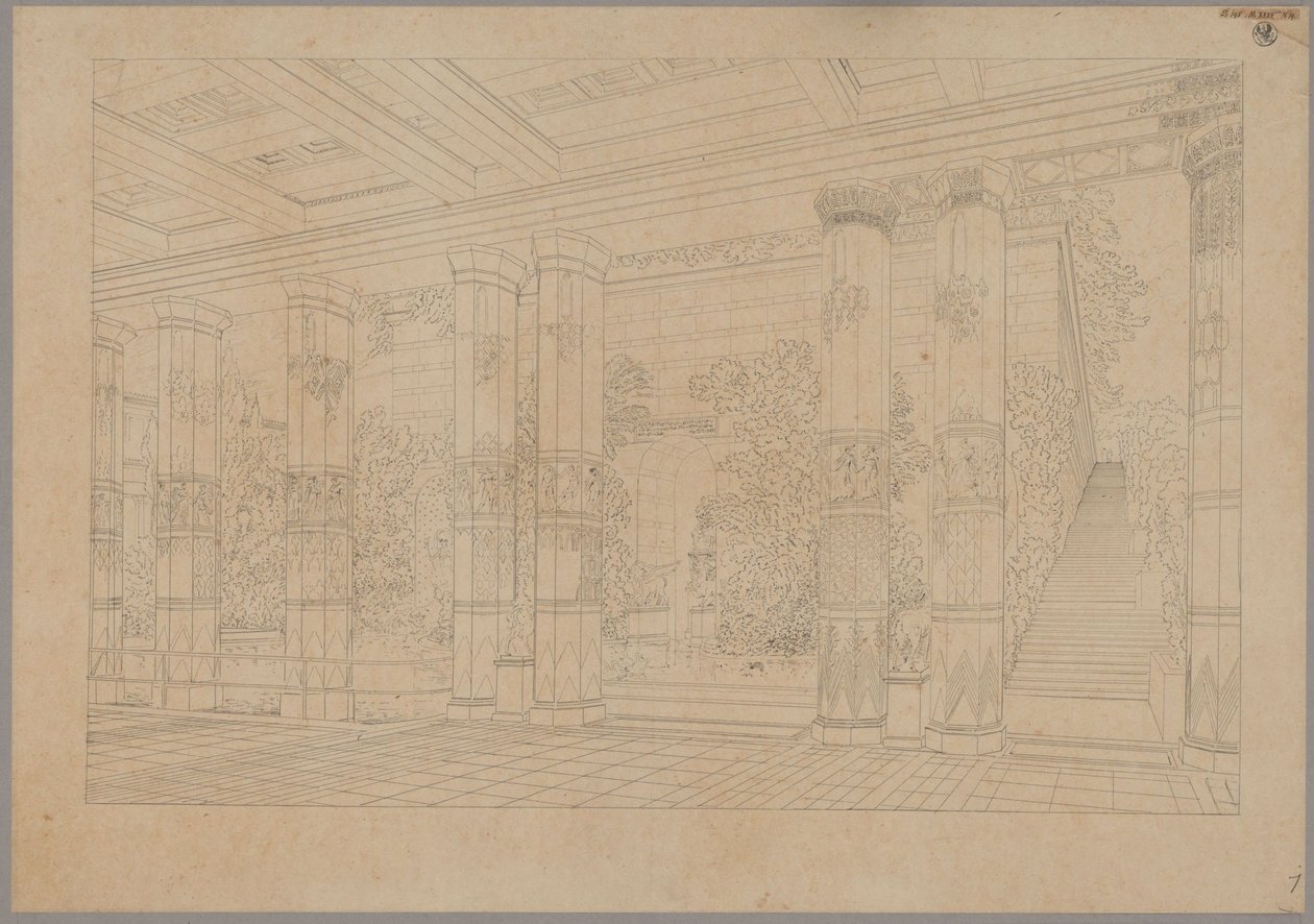 Palazzo Orianda in Crimea. Progetto classico. Veduta prospettica del portico della corte imperiale con vasca e museo da Karl Friedrich Schinkel
