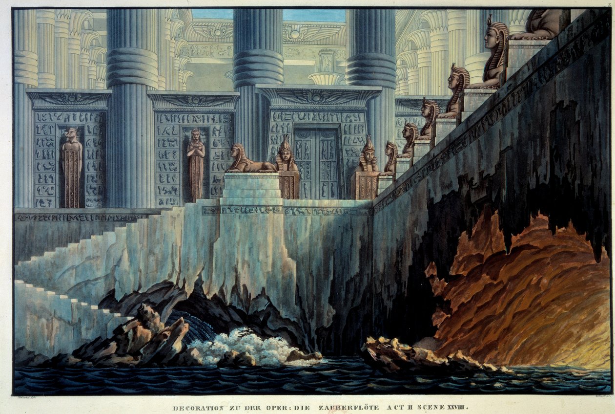 Scenografia teatrale per Il flauto magico (opera "Die Zauberflote" di Wolfgang Amadeus Mozart). Incisione di Karl Schinkel da Karl Friedrich Schinkel