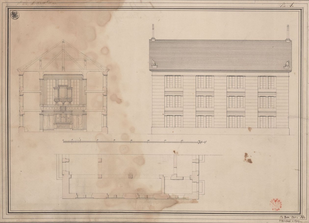 Tillendorf (Bolesławice, distretto di Liegnitz). Progetto per la chiesa protestante. Pianta, prospetto della facciata laterale e sezione trasversale da Karl Friedrich Schinkel