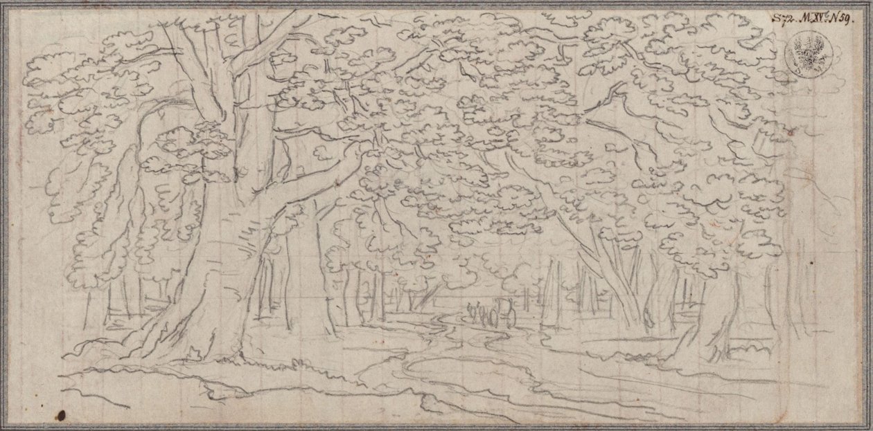 Paesaggio boschivo attraversato da un sentiero che si snoda da Karl Friedrich Schinkel