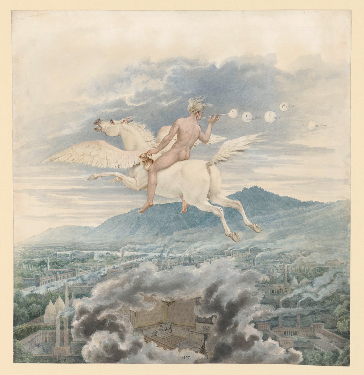 Figura femminile (soffiatrice di bolle di sapone) come allegoria di Christian Peter Wilhelm Beuth, a cavallo di Pegaso sopra una città industriale da Karl Friedrich Schinkel