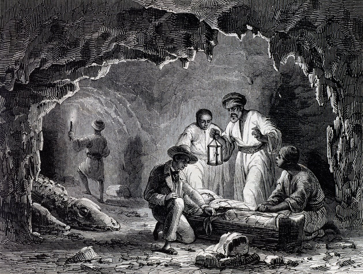 Scoperte archeologiche nelle grotte di Samoun, incisione basata su disegno di Karl Girardet da Karl Girardet