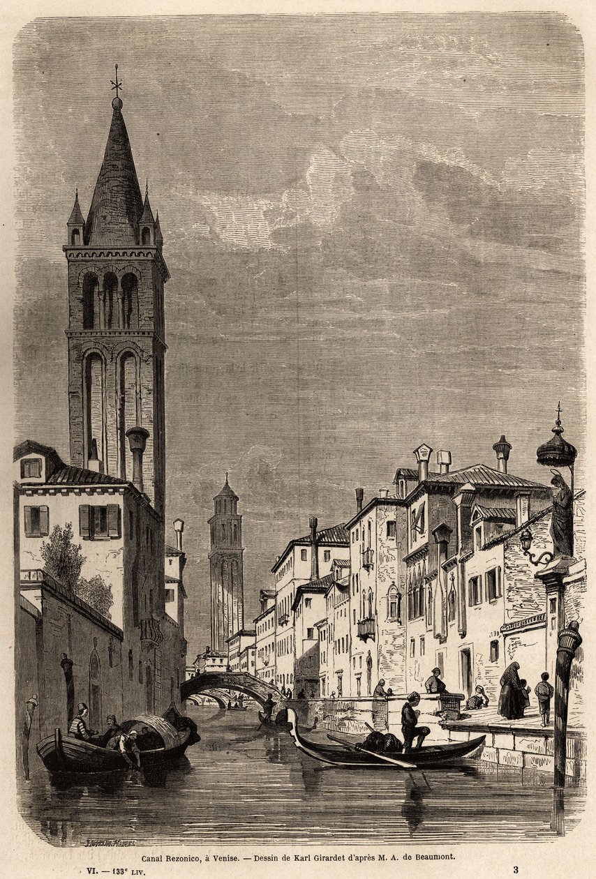 Il Canale Rezonico, disegno di Karl Girardet, per illustrare il viaggio di Adalbert de Beaumont a Venezia, circa 1850. Incisione in "Le tour du monde" da Karl Girardet