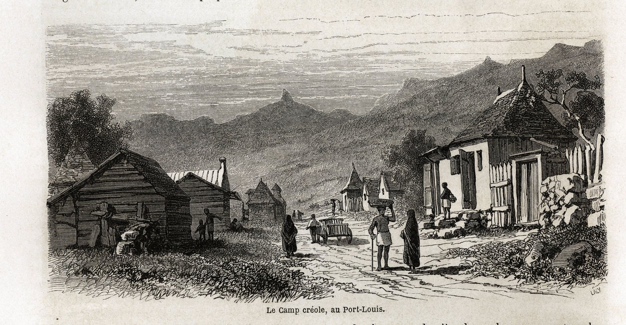 Il campo creolo, a Port Louis, disegno di Karl Girardet, per illustrare il soggiorno di Alfred Verney a Mauritius nel 1861. Incisione in "Le tour du monde", edito da Edouard Charton da Karl Girardet