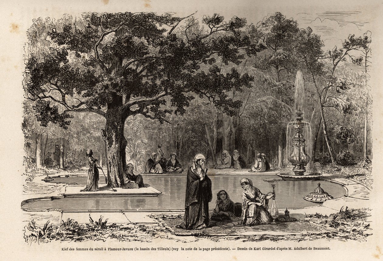 Il kief delle donne del serraglio a Flamour-Javuzu, nel palazzo di Costantinopoli (attuale Istanbul), Turchia. Disegno di Karl Girardet per illustrare una visita al serraglio nel 1860, di una donna anonima. Incisione in "Le tour du monde" da Karl Girardet