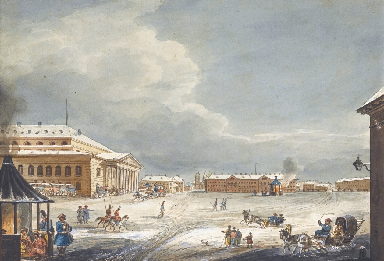 Vista del Teatro Imperiale Bolshoi Kamenny di San Pietroburgo da Karl Ivanovich Kolmann