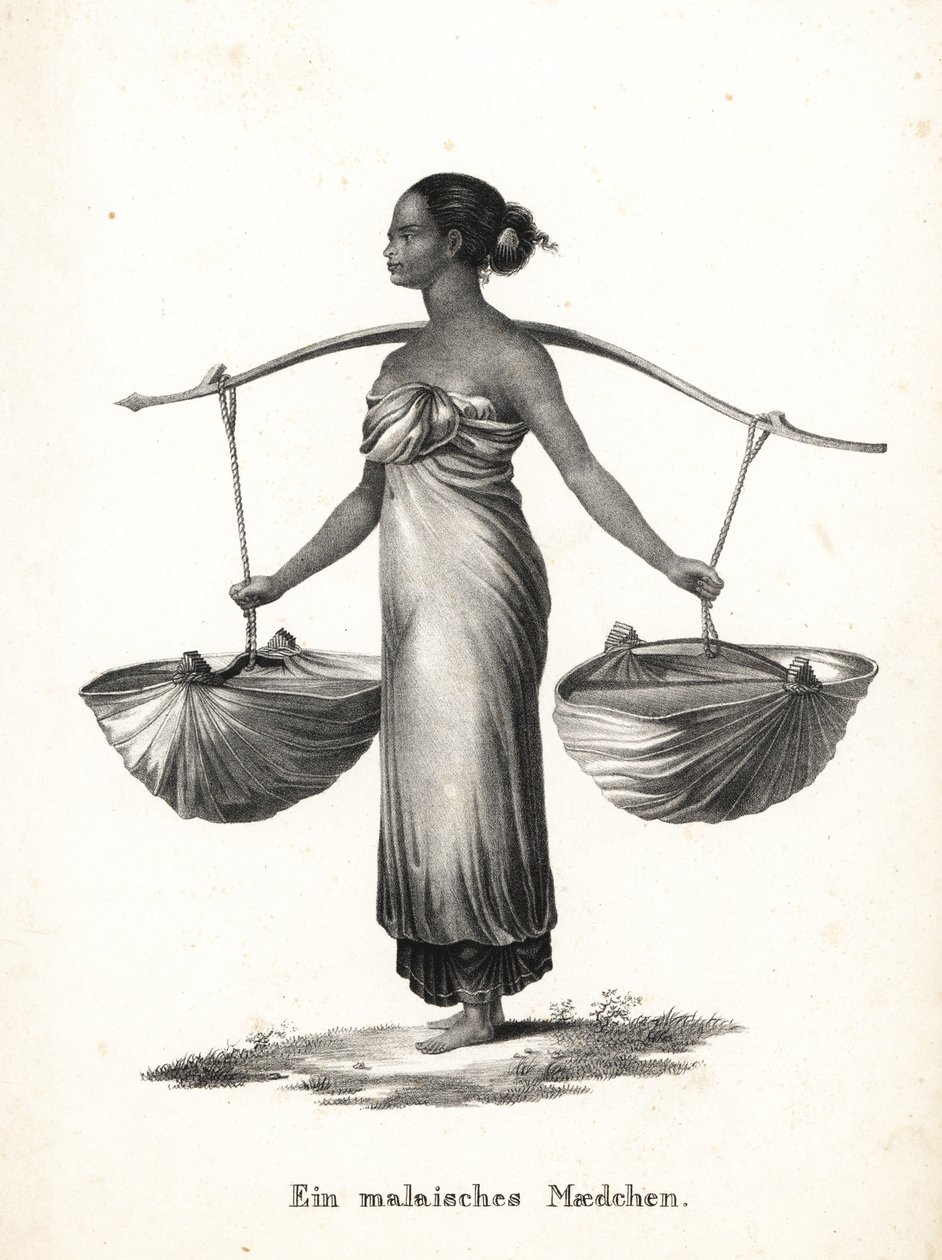 Ragazza malese con capelli legati che trasporta scarpe da ginnastica con un giogo. Litografia di Karl Joseph Brodtmann dal libro di storia naturale illustrata di Heinrich Rudolf Schinz da Karl Joseph Brodtmann