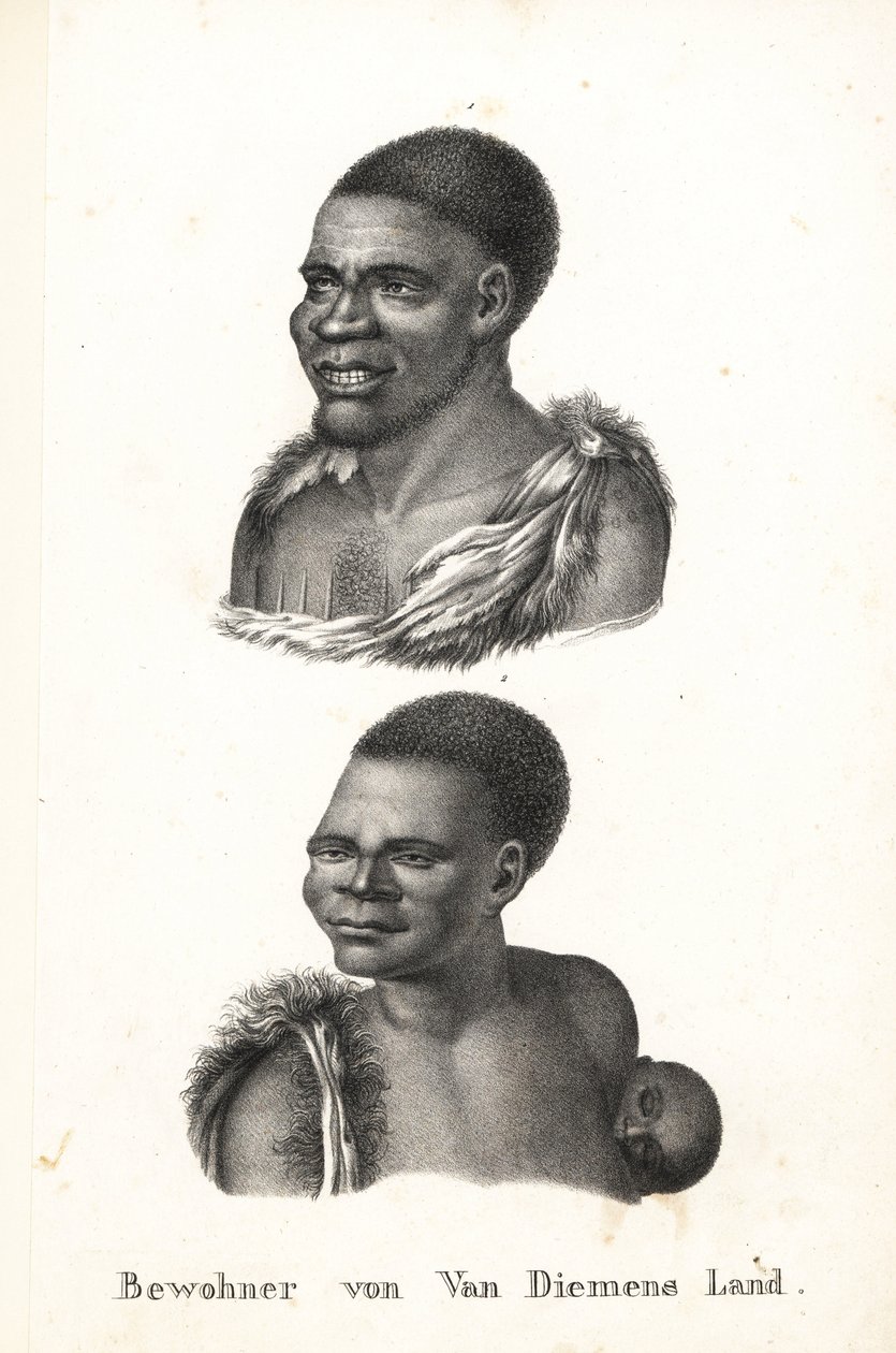 Nativi della Tasmania, Terra di Van Diemen. Grou Aagara, uomo con cicatrici sul petto e mantello di pelle di animale, e Arra-Maida, donna con bambino sulla schiena in marsupio di canguro. I nativi della Tasmania furono sterminati dai coloni. Copiato da Nic da Karl Joseph Brodtmann