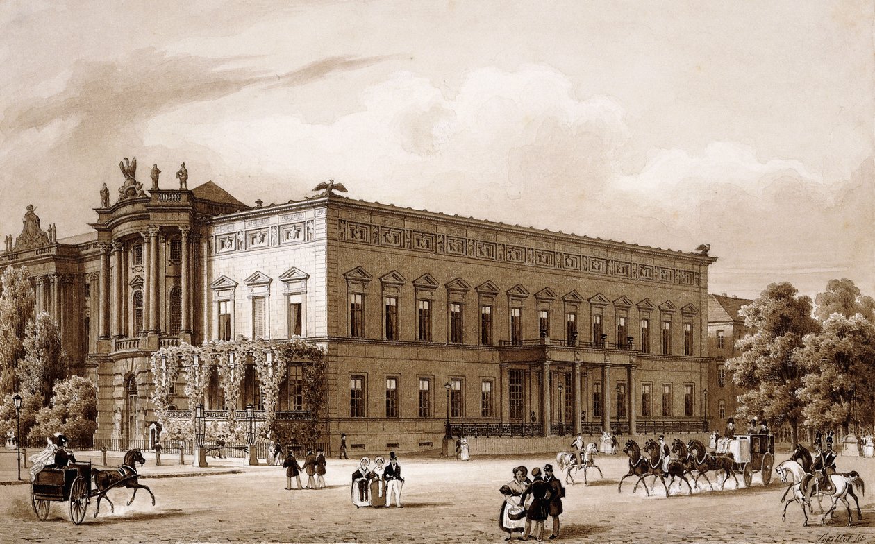 Unter den Linden, Berlino. Il palazzo del principe Wilhelm, costruito da Karl Langhans nel 1834-36, e la Biblioteca Reale, costruita da Georg Christian Unger 1775-78 secondo i piani di Josef Emanuel Fischer von Erlach, che si affaccia sulla Platz am Opernh da Karl Loeillot Hartwig
