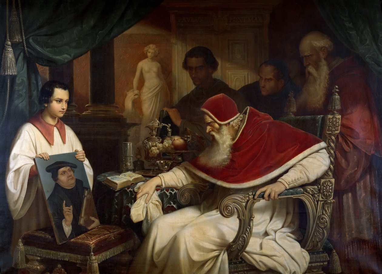 Papa Paolo III 1468-1549 che osserva il ritratto di Lutero di Cranach, 1838-1839 da Karl Schorn