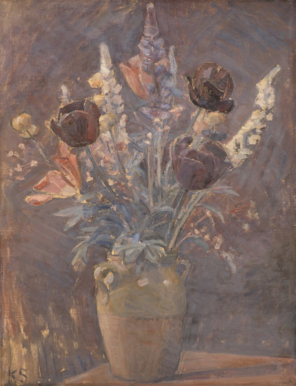 Vaso di terracotta con tulipani e altri fiori da Karl Schou