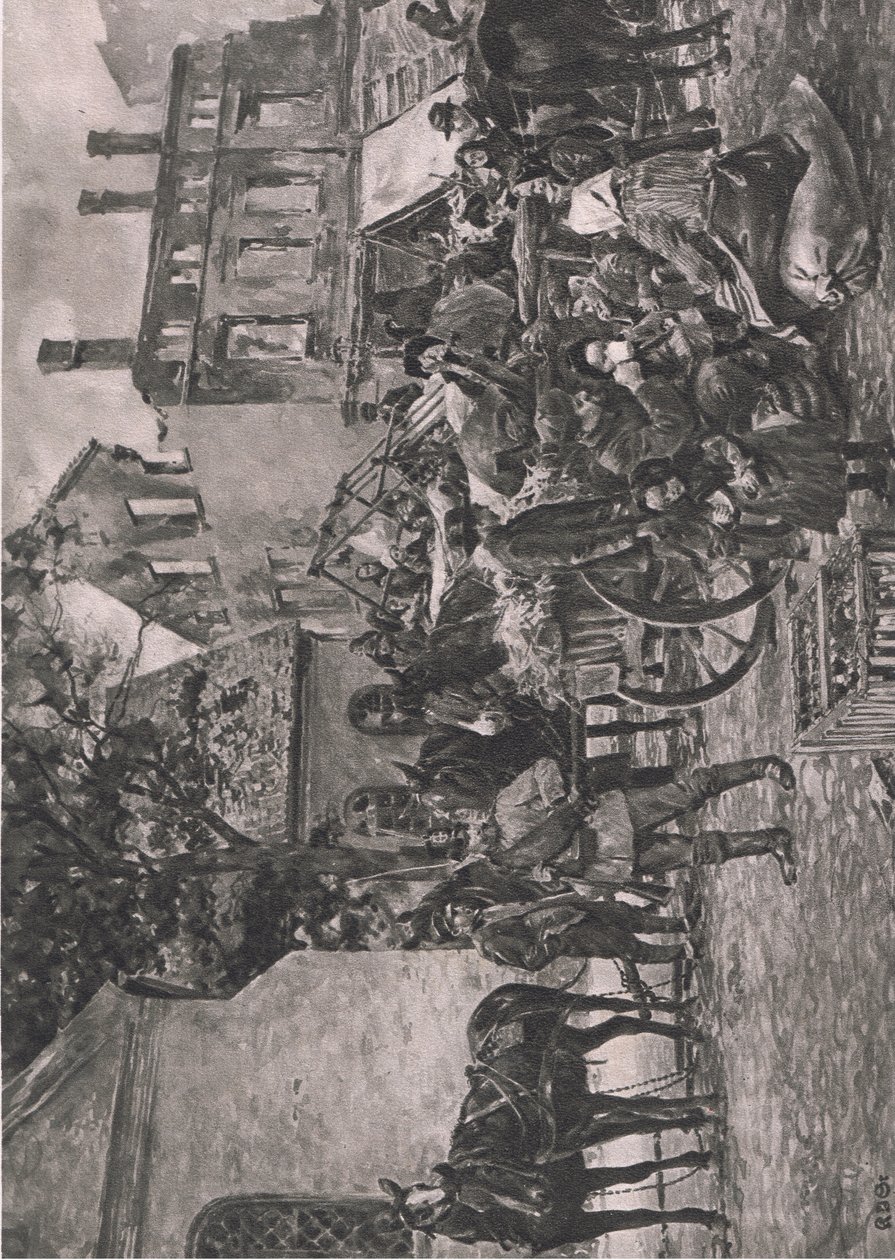 Profughi della Prussia orientale di ritorno a casa, in sosta nella piazza del mercato di Tapiau, illustrazione da Hindenburg pubblicata da Daterlandischer Derlag C U Weller Berlin da Karl Storch