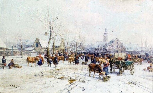 Un mercato del bestiame in inverno da Karl Stuhlmuller