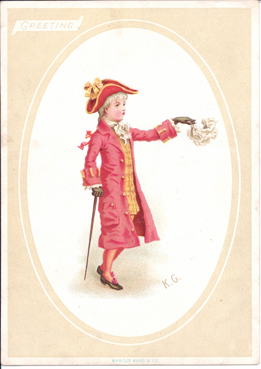 Cartolina vittoriana di auguri di bambini seduti a tavola mentre uno vestito da cuoco affila il coltello da intaglio, c.1880 da Kate Greenaway