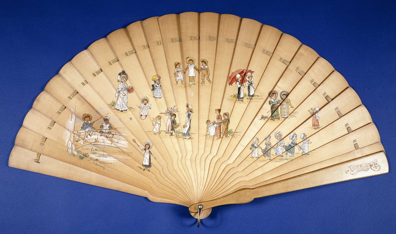 Un grande ventaglio di legno Brise dipinto a colori con gruppi di bambini in varie attività da Kate Greenaway