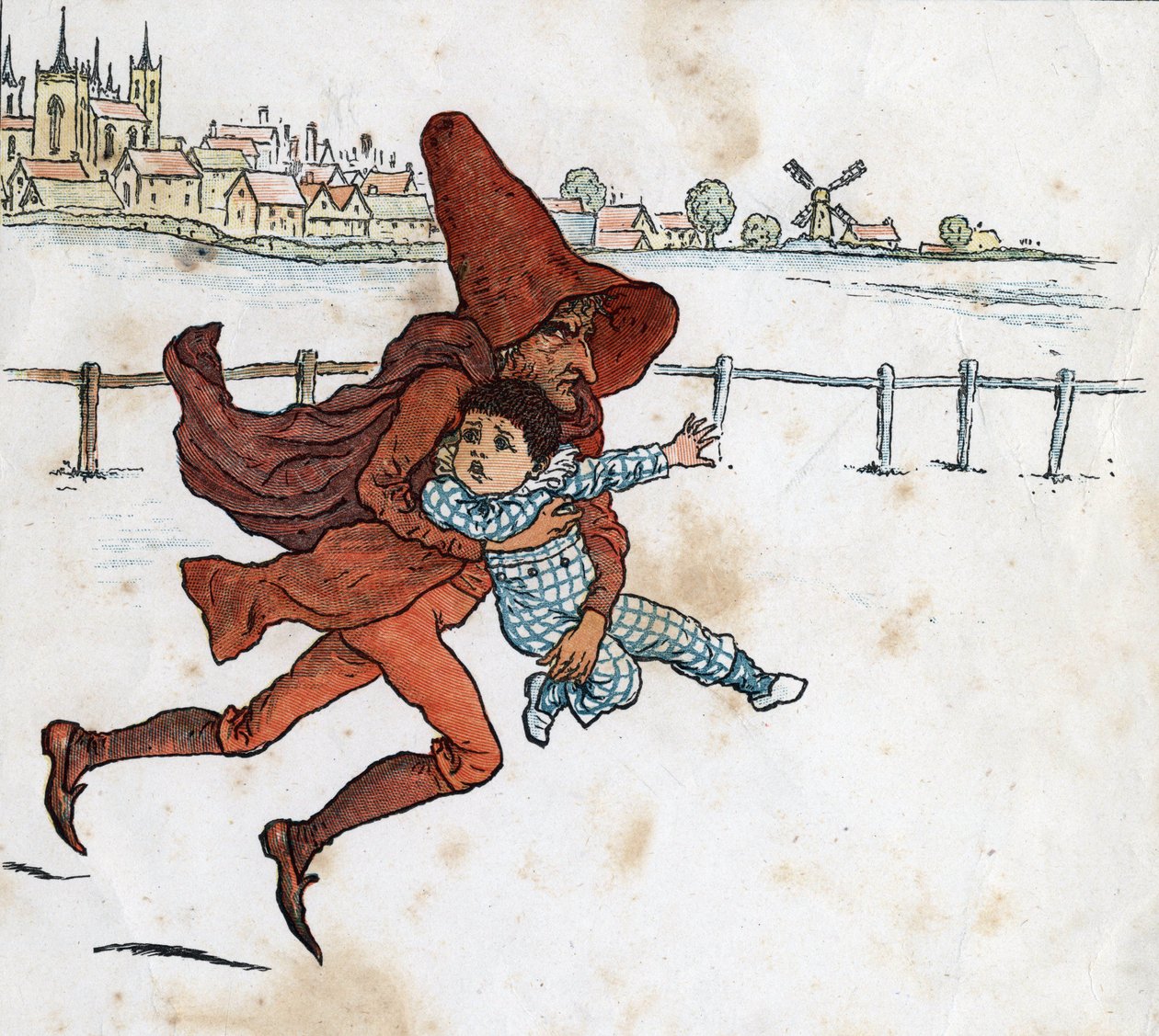 Un folletto prende un bambino piccolo. Illustrazione di Kate Greenaway (1846-1901) dal libro per bambini 