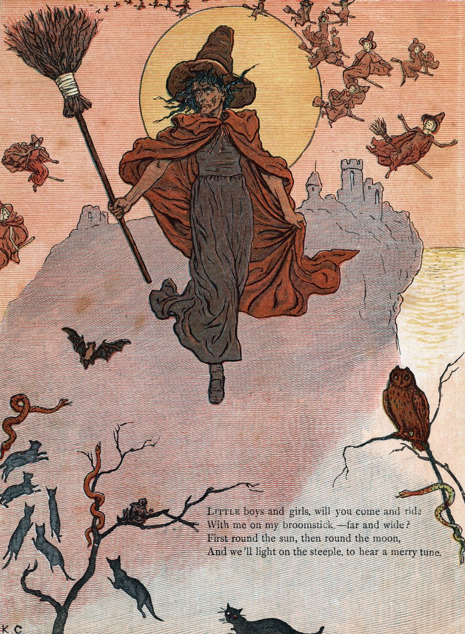 Una strega e la sua scopa circondata da gatti neri, pipistrello e gufo. (Ragazzi e ragazze, volete venire a cavalcare con me sulla mia scopa?) Illustrazione di Kate Greenaway (1846-1901) dal libro di racconti e filastrocche per bambini "Under The Window" da Kate Greenaway