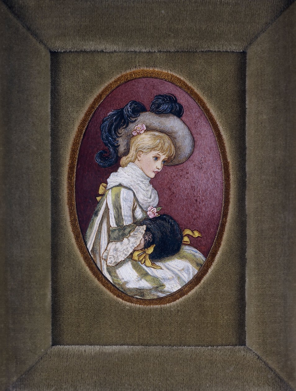 Ritratto ovale di una ragazza bionda con cappello piumato e mani nel manicotto da Kate Greenaway