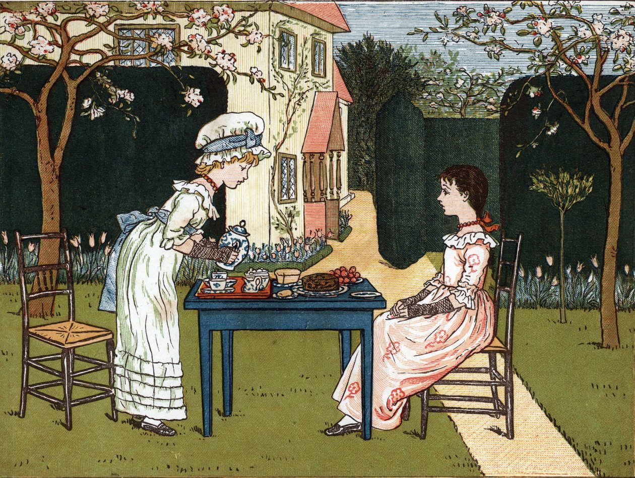 Momento della giornata: due ragazze che fanno merenda in un giardino. Illustrazione di Kate Greenaway (1846-1901) dal libro di racconti e filastrocche per bambini "Under The Window" (1879), edito da Edmund Evans. da Kate Greenaway