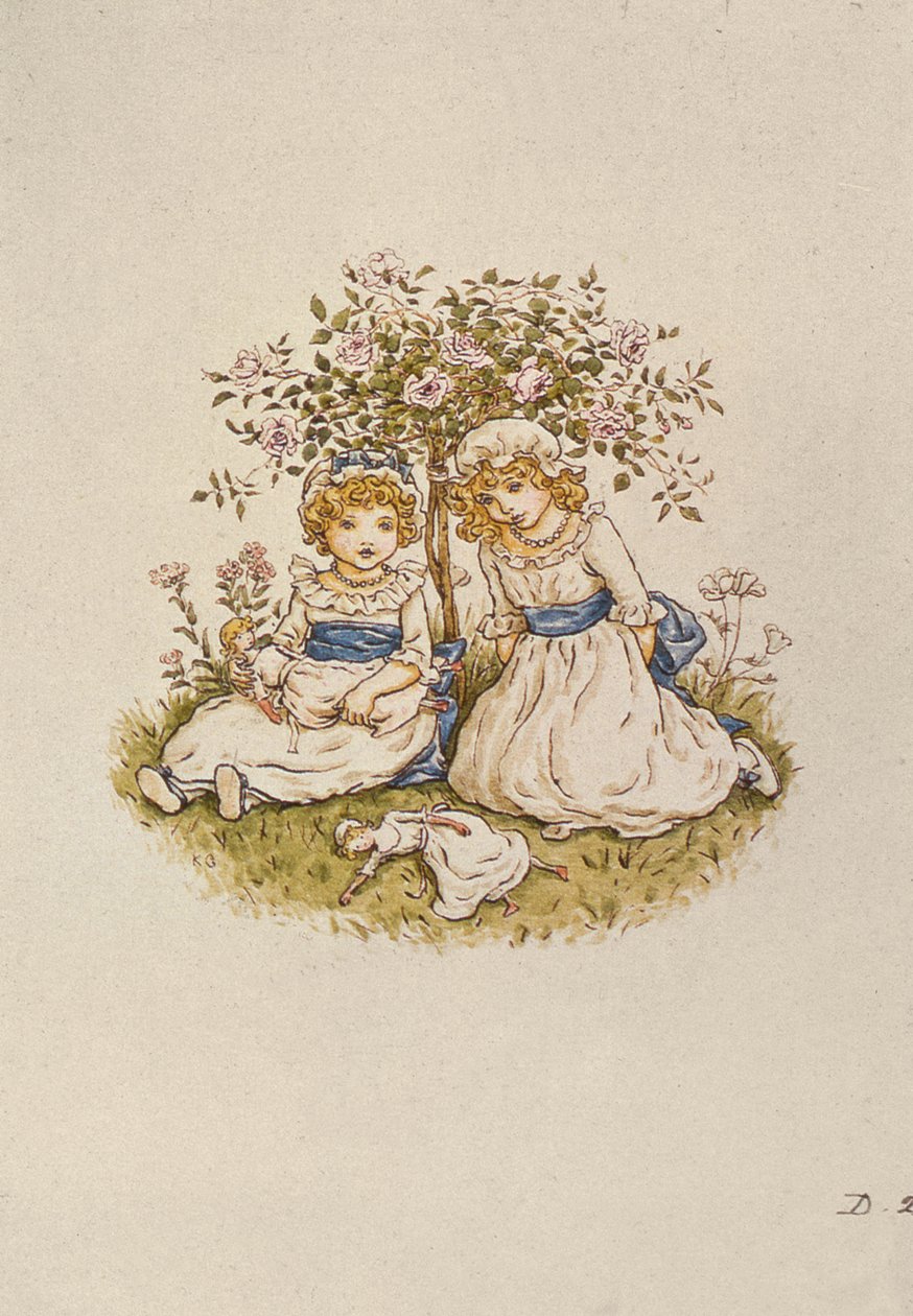 Due Ragazze con Bambole sedute sotto un cespuglio di rose, XIX secolo da Kate Greenaway