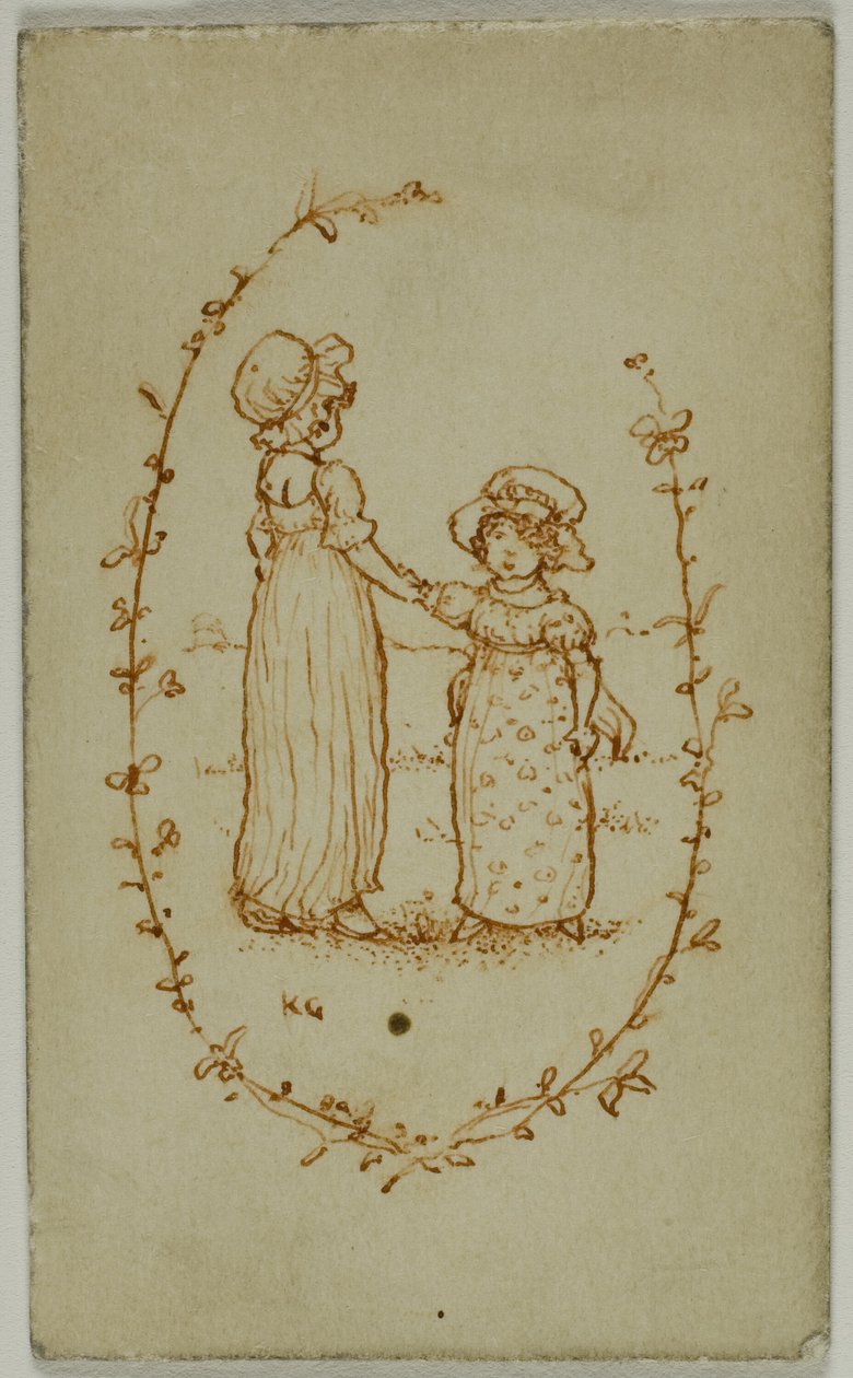 Vignetta di due ragazze (recto); Atena (verso) da Kate Greenaway