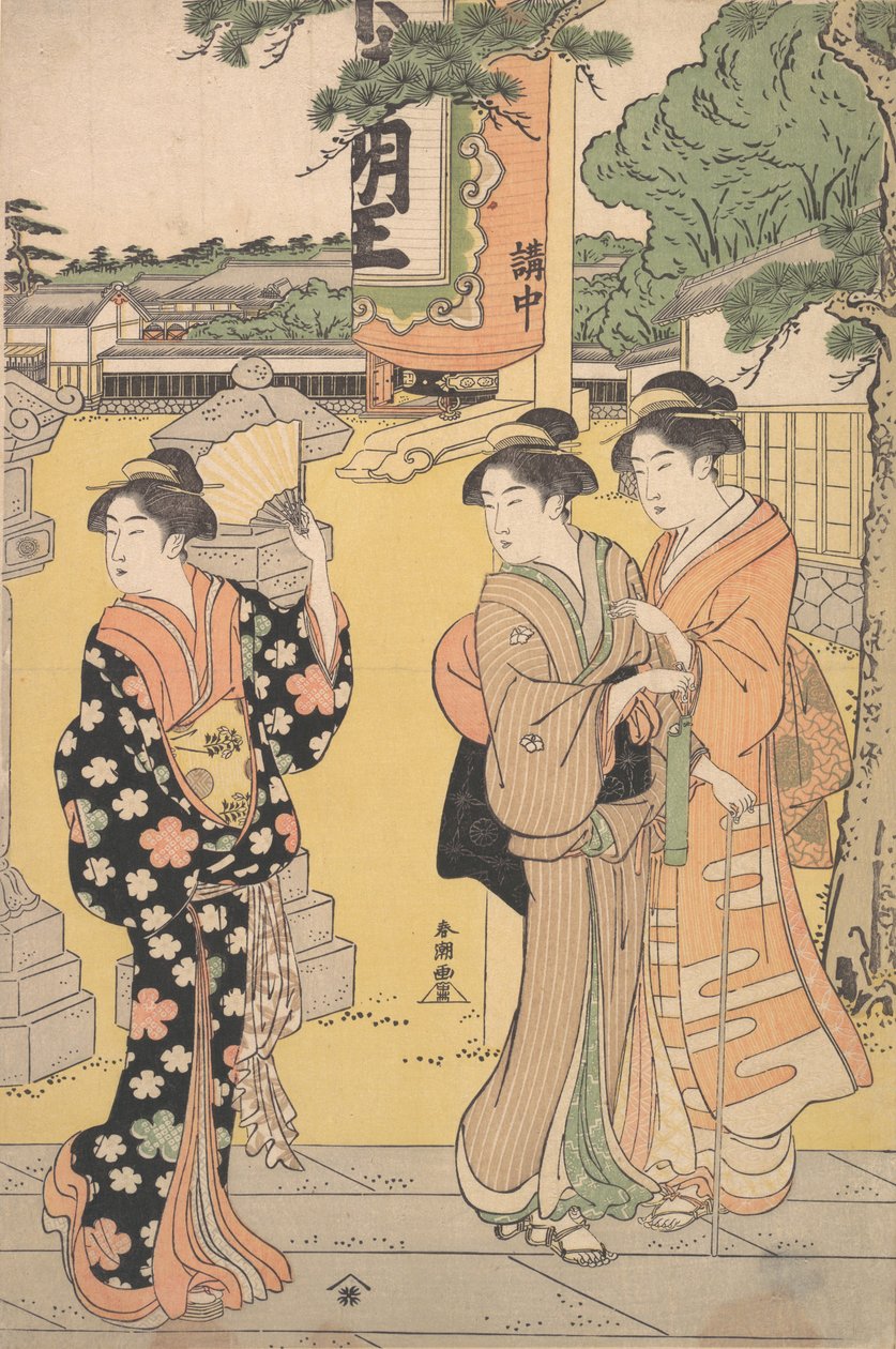 Visitatori alla fiera nel complesso di un tempio buddista da Katsukawa Shuncho
