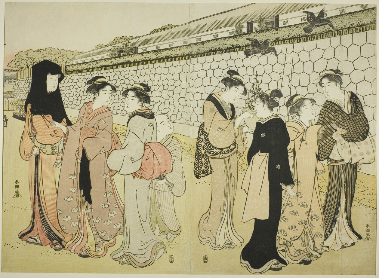 Donne che camminano vicino a un fossato da Katsukawa Shuncho
