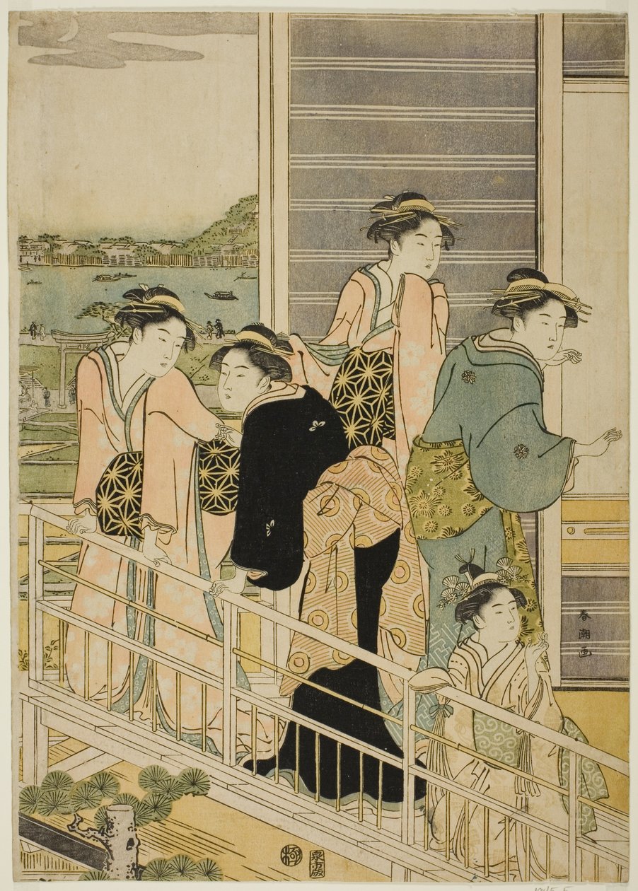 Donne su un balcone di una casa da tè di Yoshiwara da Katsukawa Shuncho