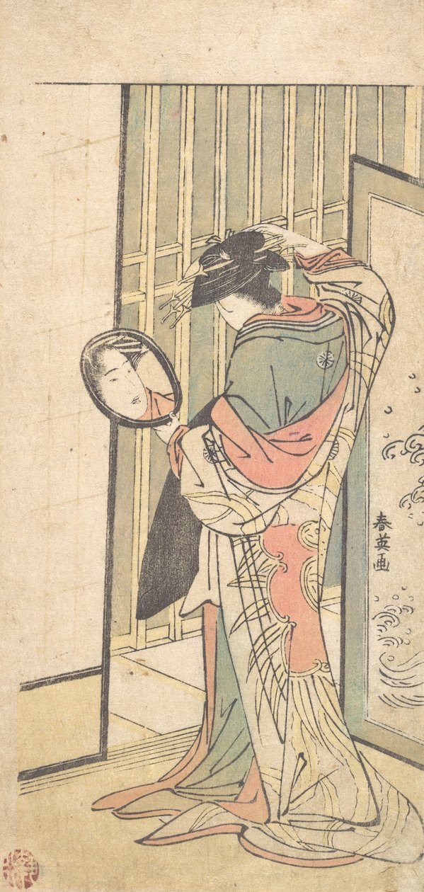 Una cortigiana che guarda il suo riflesso in uno specchio a mano, ca. 1787 da Katsukawa Shun