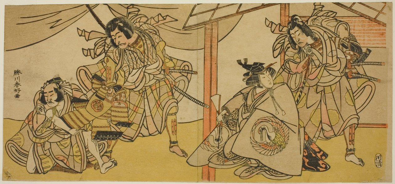 Pagina di destra: Gli attori Bando Hikosaburo III nel ruolo di Soga no Goro (a destra) e Segawa Kikunojo IV nel ruolo di Onna Asahina (a sinistra), nell