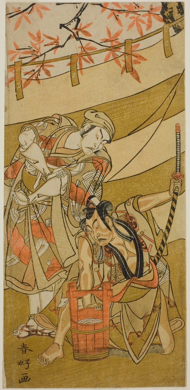 Gli attori Ichikawa Raizo II nel ruolo di Kojiro Masahira (a destra) e Ichikawa Danzo IV nel ruolo di Doi no Yataro (a sinistra), nello spettacolo Kaomise Ama no Iwato, rappresentato al Teatro Nakamura nell