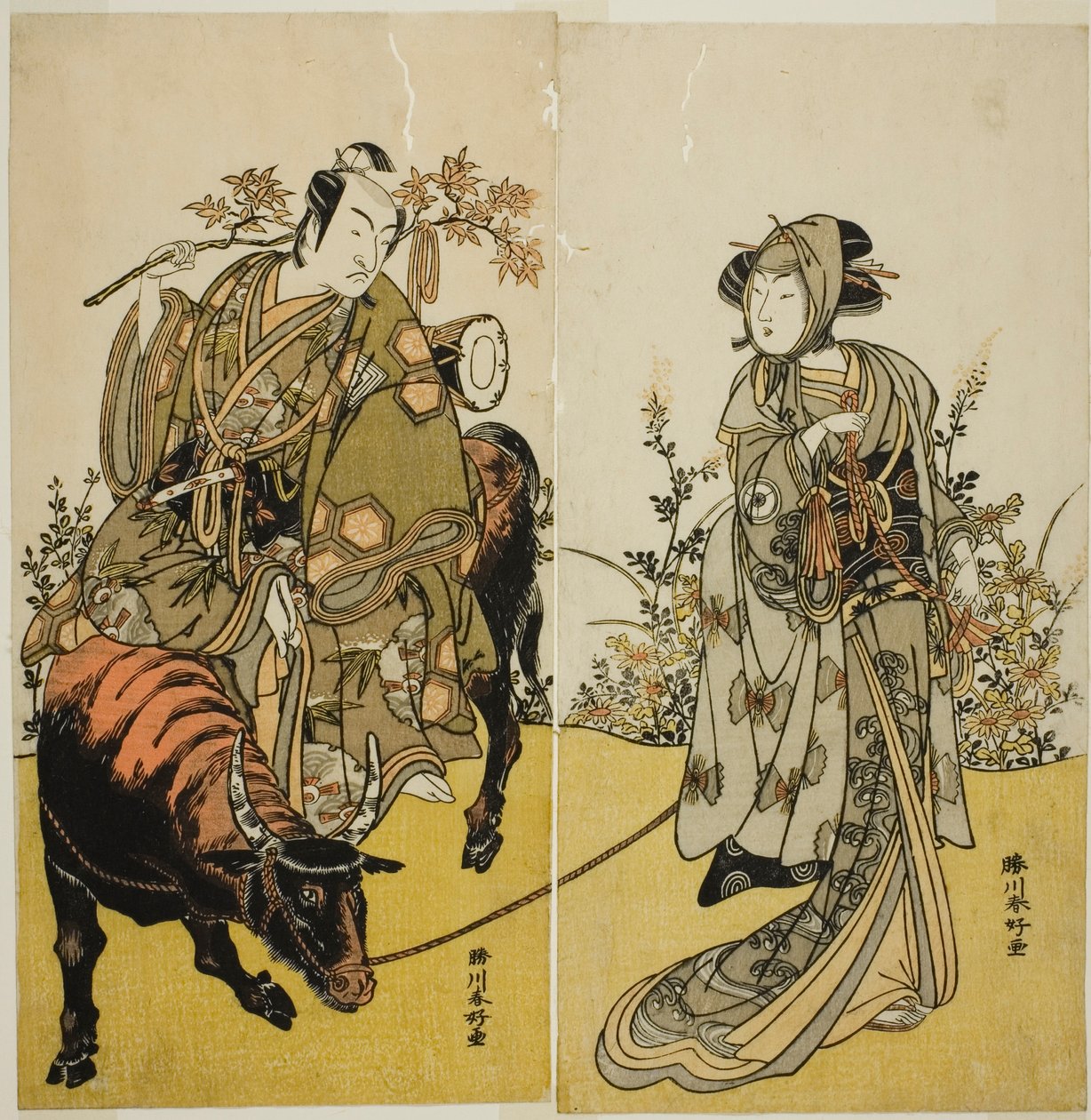 Gli attori Iwai Hanshiro IV nel ruolo di Okume (a destra) e Ichikawa Monnosuke II nel ruolo di Koshiba Yukienojo travestito da venditore di Eboshi Rokusaburo (a sinistra), nello spettacolo Katakiuchi Adana Kashiku, rappresentato al Teatro Nakamura nel sett da Katsukawa Shunkо̄