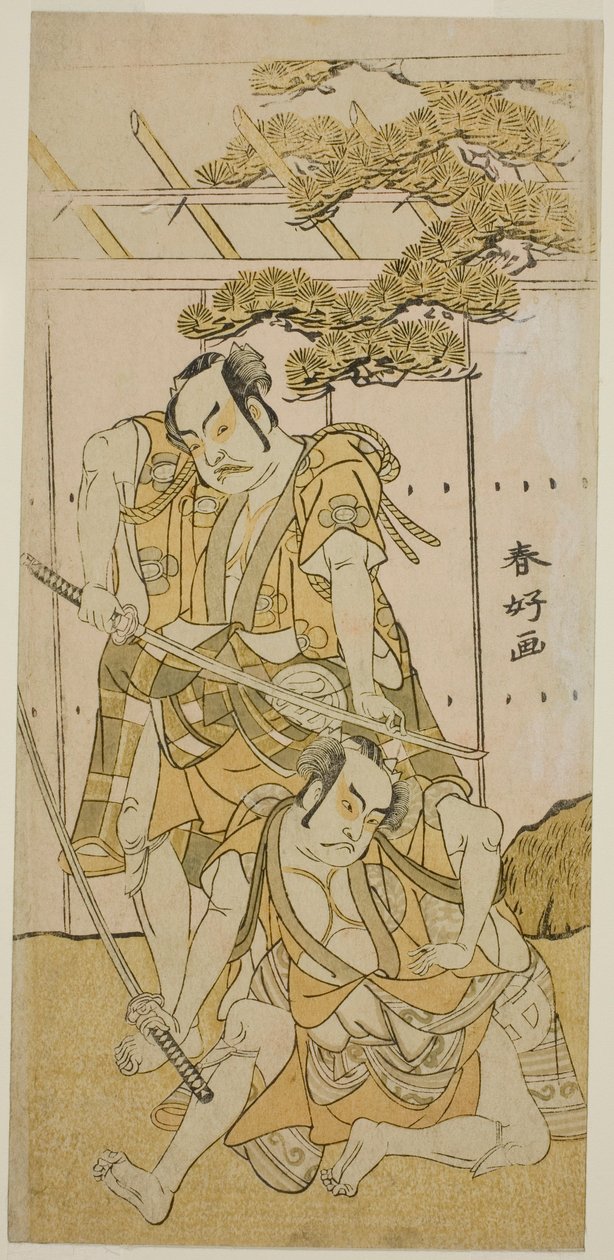 Gli attori Otani Hiroji III nel ruolo di Onio Shinzaemon (a destra) e Nakamura Sukegoro II nel ruolo di Wappa no Kikuo (a sinistra) nell
