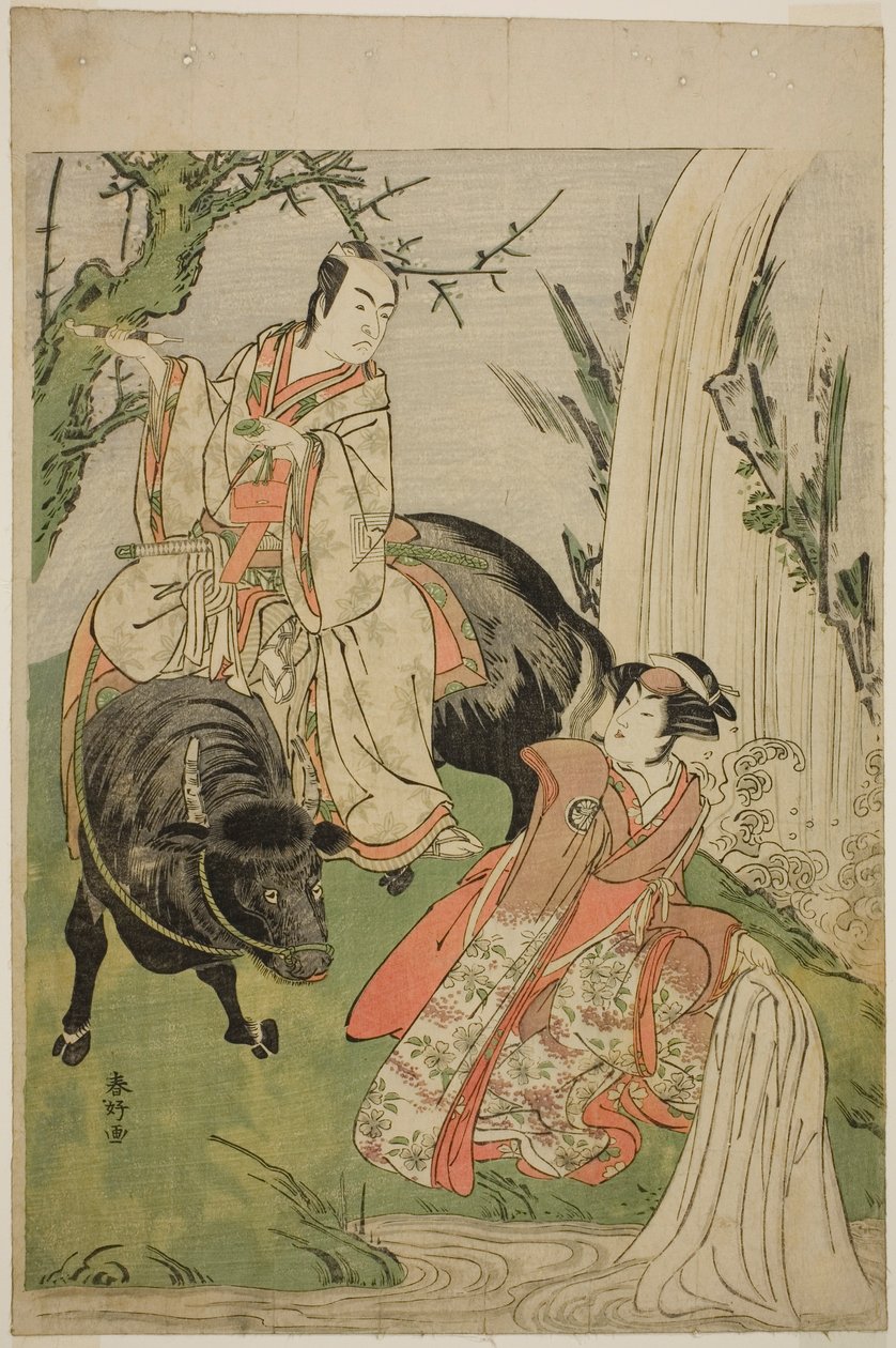 Gli attori Segawa Kikunojo III nel ruolo della principessa Hatsune (Hatsune Hime) (a destra) e Ichikawa Monnosuke II nel ruolo di Miyukinosuke Yukinari, nello spettacolo Otokoyama Furisode Genji, rappresentato al Teatro Kiri nell
