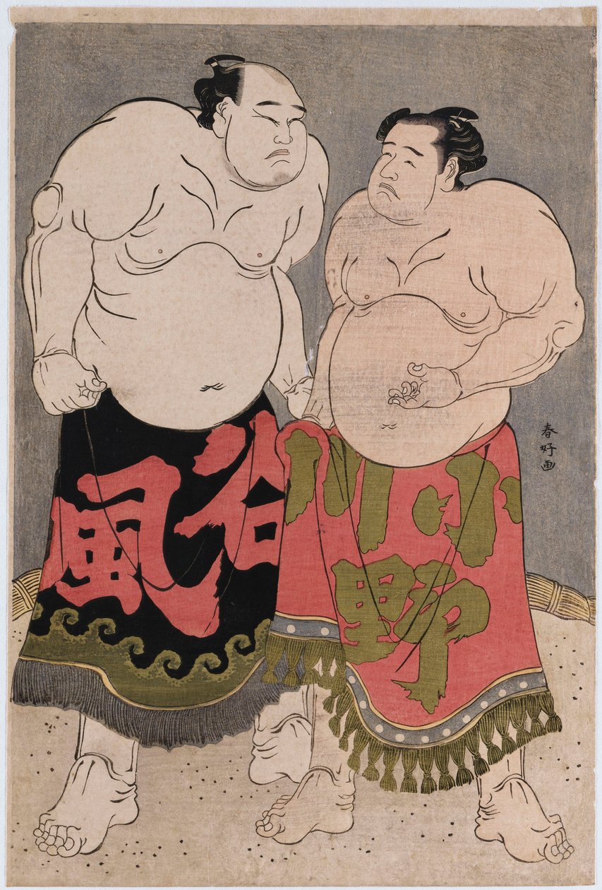 Ritratti a figura intera dei lottatori Onogawa Kisaburo, a destra e Tanizake Kajinosuke a sinistra da Katsukawa Shunko