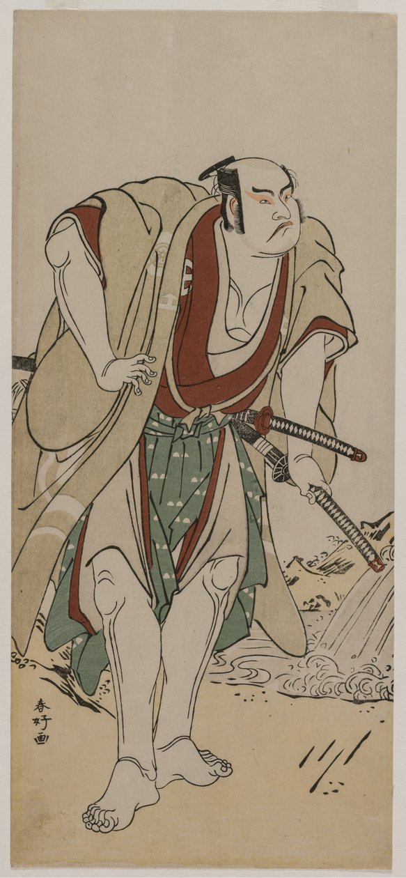 Otani Hiroji III come samurai in piedi accanto a un ruscello da Katsukawa Shunko