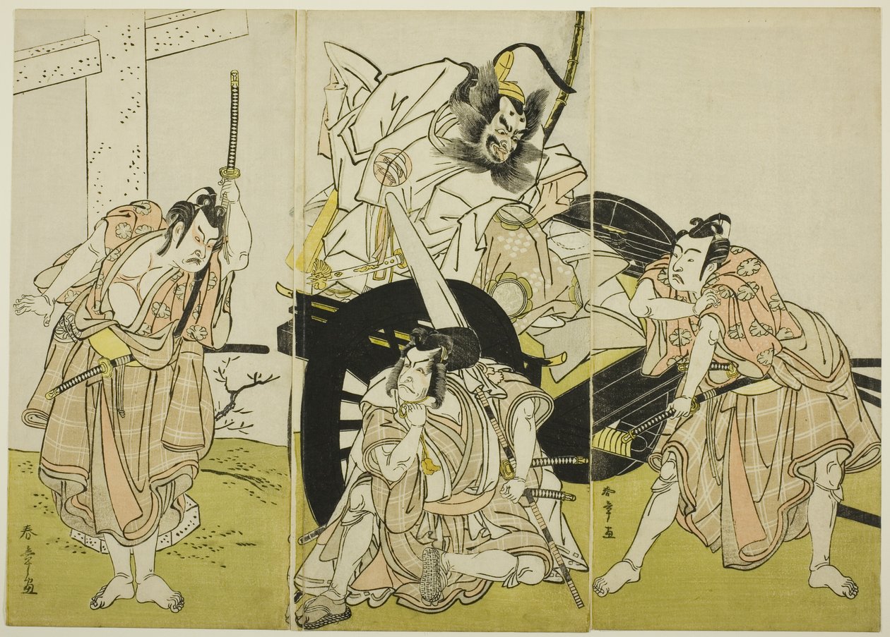 Gli attori Nakajima Mihoemon II nel ruolo di Fujiwara no Shihei, Ichikawa Ebizô III nel ruolo di Matsuo-maru, Ichikawa Yaozô II nel ruolo di Sakura-maru e Ichimura Uzaemon IX nel ruolo di Umeo-maru in "I segreti della calligrafia di Sugawara" ("Sugawara de da Katsukawa Shunsho