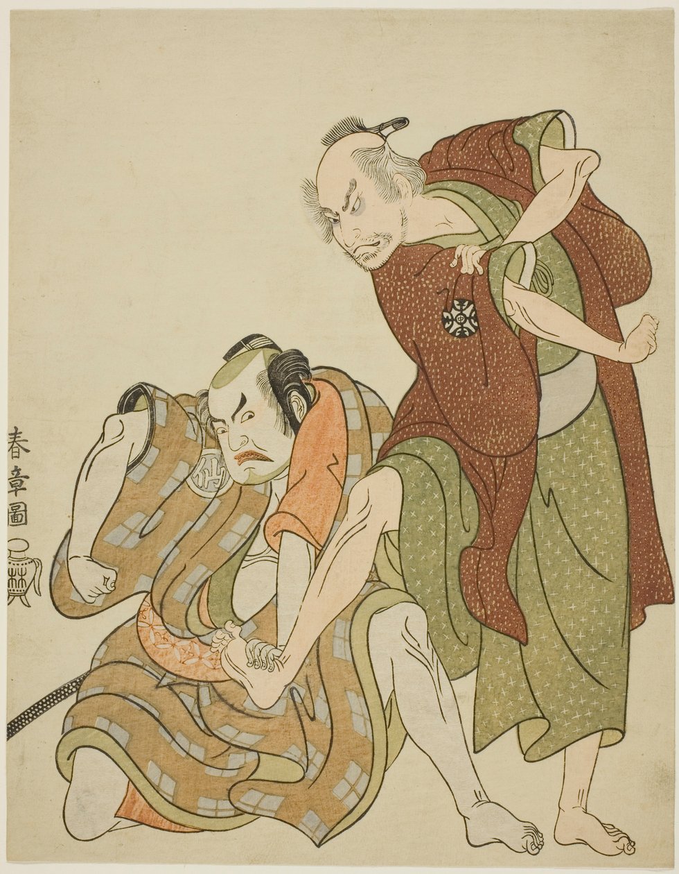 Attori nei ruoli di Giheiji e suo genero, Danshichi Kurobei da Katsukawa Shunsho