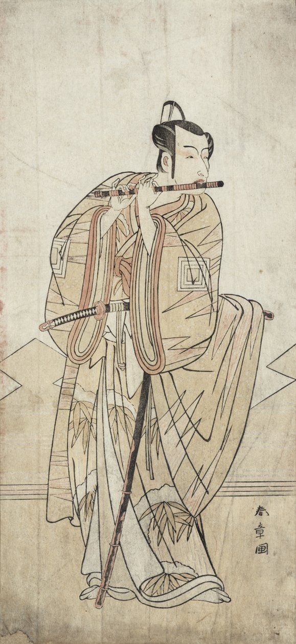 Un attore che suona un flauto da Katsukawa Shunsho