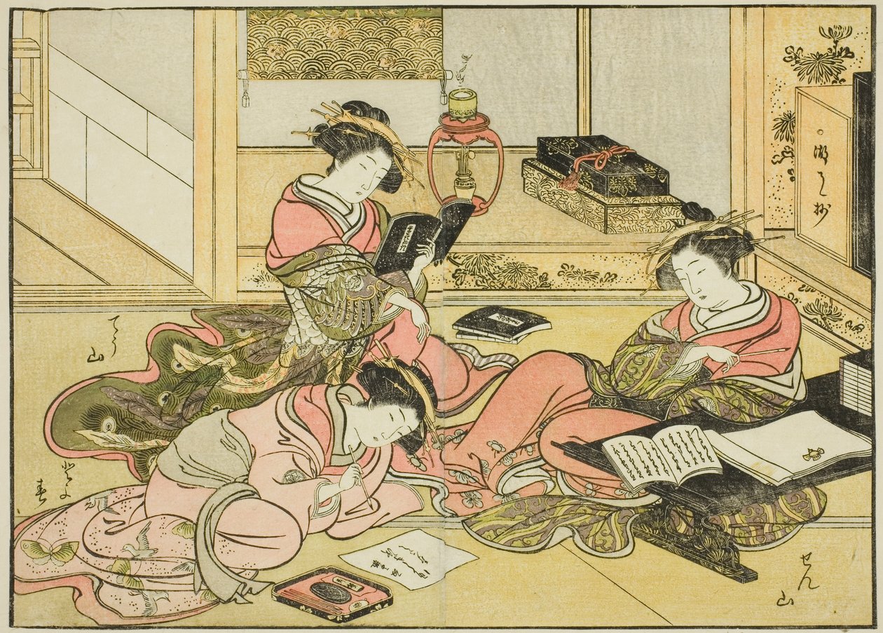 Cortigiane del Chojiya, dal libro "Specchio delle belle donne dei quartieri del piacere (Seiro bijin awase sugata kagami)," vol. 1 da Katsukawa Shunsho
