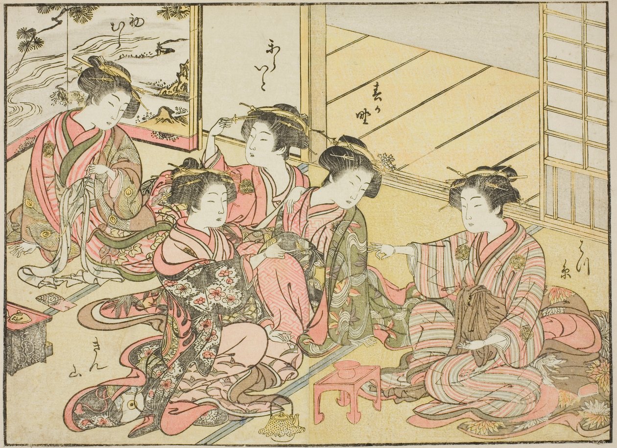 Cortigiane del Gakuiseya, dal libro "Specchio delle belle donne dei quartieri del piacere (Seiro bijin awase sugata kagami)," vol. 1 da Katsukawa Shunsho
