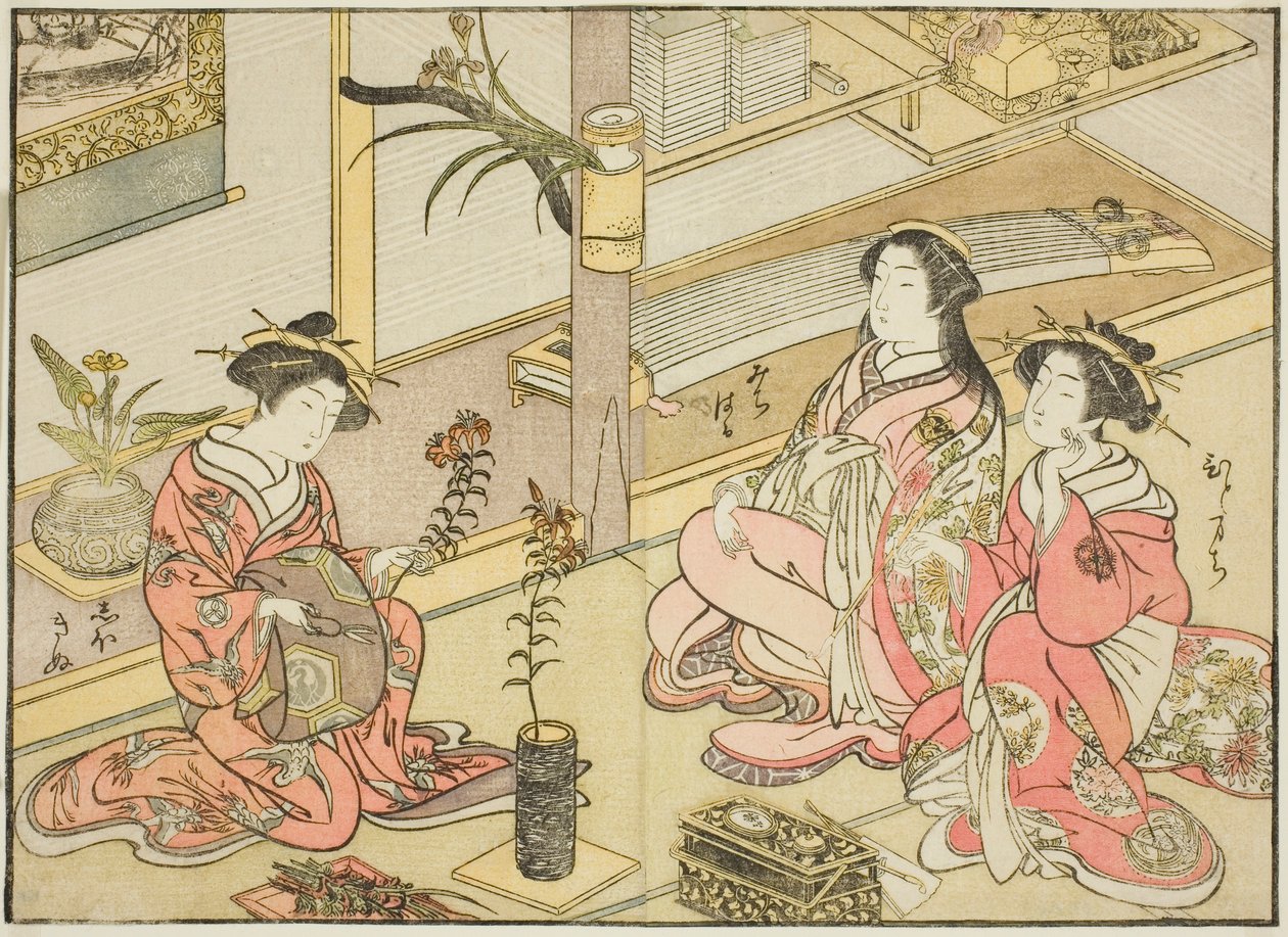 Cortigiane del Kadotsutaya, dal libro "Specchio delle Belle Donne dei Quartieri del Piacere (Seiro bijin awase sugata kagami)," vol. 1 da Katsukawa Shunsho
